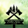 Black memorial sign with crossed axes and pine trees silhouette, text reading "In Loving Memory of Custom Name 1982-2026" against a soft green grassy background