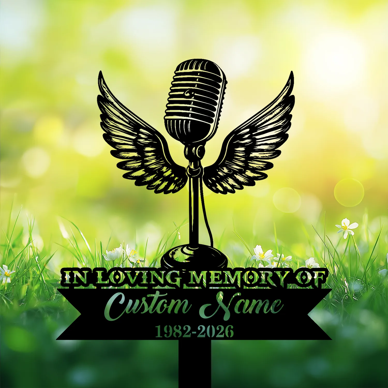 18-1 Black vintage microphone with wings over grassy field and daisies, banner reading "IN LOVING MEMORY OF Custom Name 1982-2026"