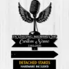 18a-1 Black metal memorial sign with a vintage microphone with wings above a ribbon reading "In Loving Memory of Custom Name" and dates "1982-2026" on a white wood background