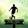Black silhouette of a soccer player dribbling a ball above grave sign reading "In Loving Memory" and customizable name and dates against a soft green leafy background
