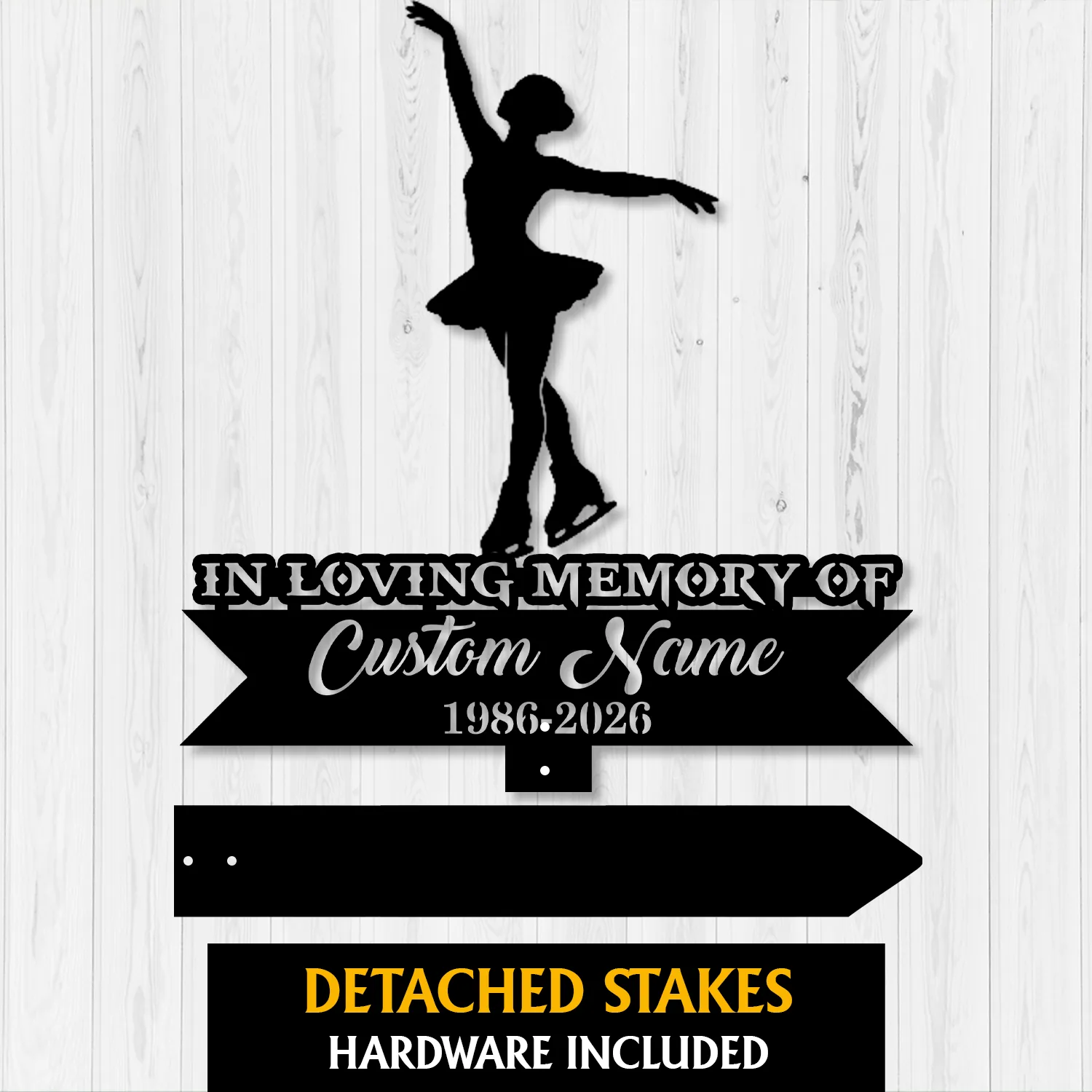 Black silhouette of a figure skater above a memorial sign reading "In Loving Memory of Custom Name 1986-2026" on a white wood background