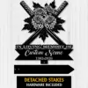 Black metal memorial sign with crossed swords and chrysanthemum flowers, text reading "IN LOVING MEMORY OF" and placeholder "Custom Name" with years 1982-2026 on a light wood background