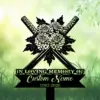 Black silhouette memorial sign with crossed swords and chrysanthemum flowers above a ribbon reading “In Loving Memory of” and placeholder text “Custom Name 1982-2026” on a green grassy background