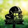 Black silhouette memorial sign with a football and helmet reading "In Loving Memory of" and placeholder "Custom Name 1982-2026" against sunlit grass background