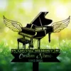 Black silhouette of a grand piano with angel wings over a grassy, sunlit background and text reading "IN LOVING MEMORY" and placeholder "Custom Name 1982-2026"