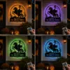 Halloween porch sign reading "Welcome to The Smith Family" with a headless horseman silhouette, pumpkins, lanterns, and color-changing backlight controlled by a remote