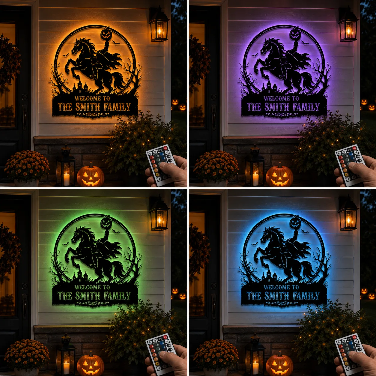 Halloween porch sign reading "Welcome to The Smith Family" with a headless horseman silhouette, pumpkins, lanterns, and color-changing backlight controlled by a remote