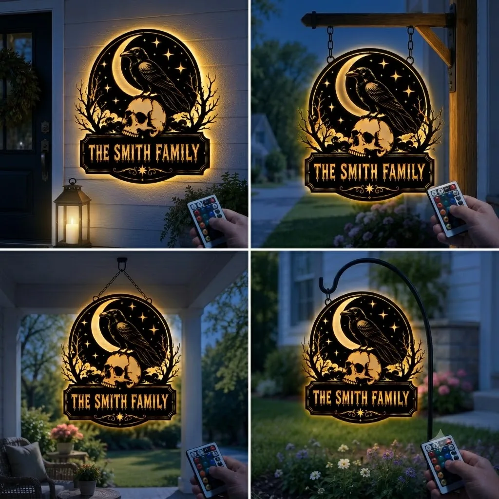 Round illuminated hanging sign with raven on a skull under a crescent moon and stars, personalized text 'THE SMITH FAMILY', shown on porches and garden hooks at night