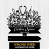 Black silhouette memorial sign with flowers, medical icons (stethoscope, syringe, vial, thermometer, scissors), text "IN LOVING MEMORY OF Custom Name 1982-2026" on a light wood background