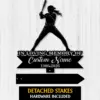 Black silhouette of a female softball player batting above a memorial banner reading "In Loving Memory of Custom Name 1986-2026" on a light wood background