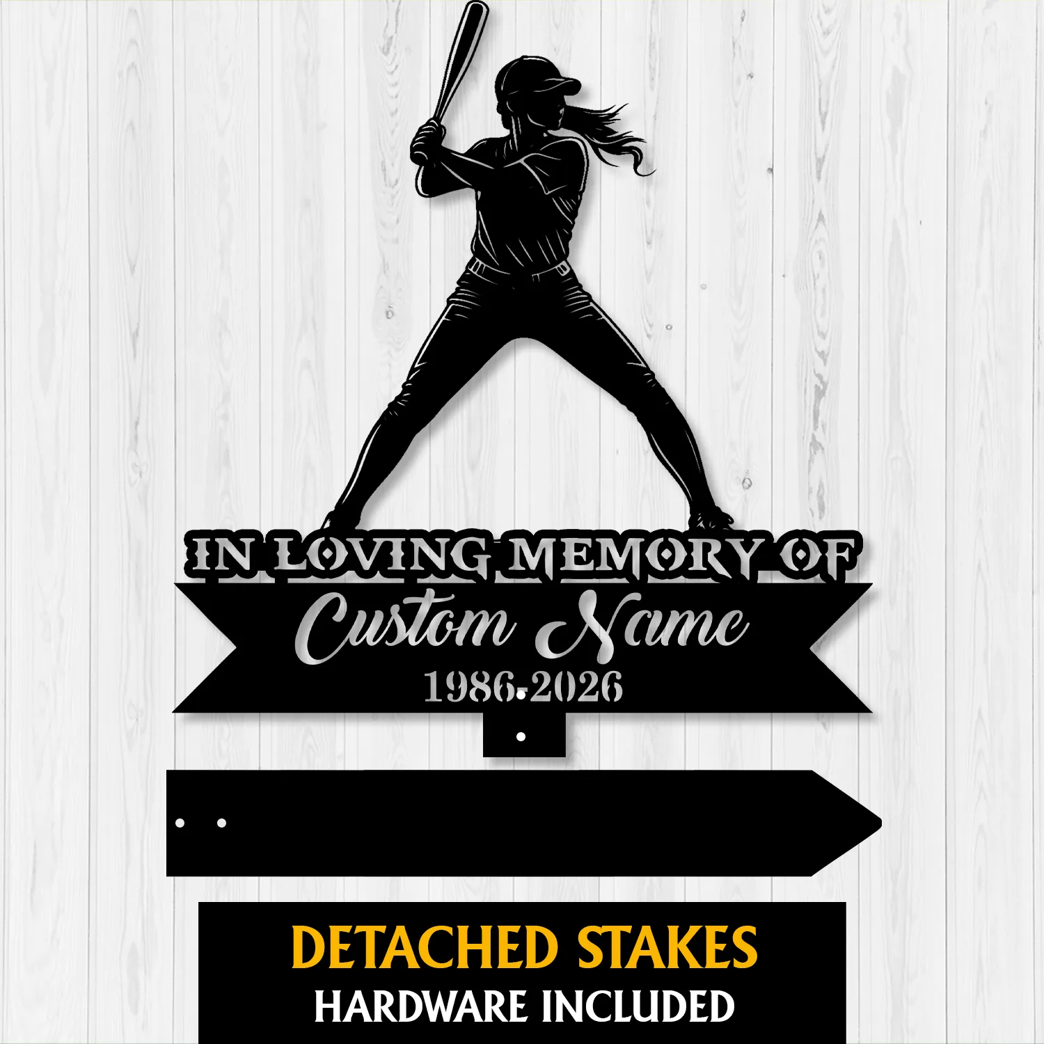 Black silhouette of a female softball player batting above a memorial banner reading "In Loving Memory of Custom Name 1986-2026" on a light wood background