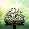 Black memorial sign with floral bouquet and medical icons (stethoscope, syringe, vial, thermometer) reading "In Loving Memory" and placeholder "Custom Name 1982-2026" against a soft green garden background