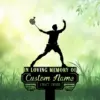Silhouette of a badminton player with racket above a black memorial sign reading “IN LOVING MEMORY OF Custom Name 1987-2026” on a green grassy, leafy background
