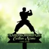 Silhouette of a martial artist in a wide stance above a memorial sign reading "IN LOVING MEMORY OF" with placeholder "Custom Name" and dates "1986-2026" on a grassy, green bokeh background