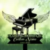 Black silhouette of a grand piano with angel wings over a green grassy background and text reading “In Loving Memory - Custom Name - 1982-2026”