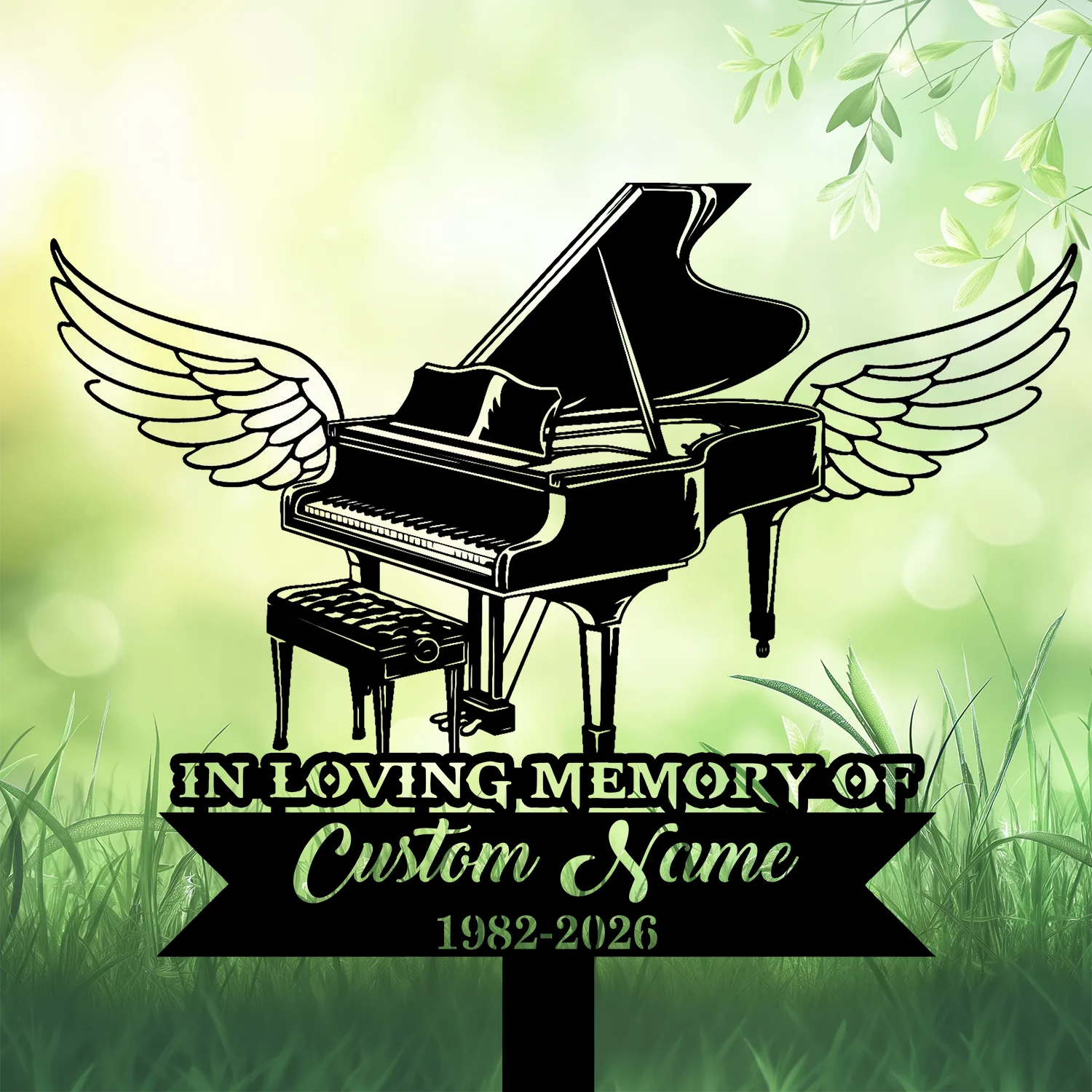 Black silhouette of a grand piano with angel wings over a green grassy background and text reading “In Loving Memory - Custom Name - 1982-2026”