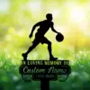 3-2 Silhouette of a basketball player dribbling above a memorial sign reading "IN LOVING MEMORY OF Custom Name 1987-2026" against a sunny grassy background with flowers