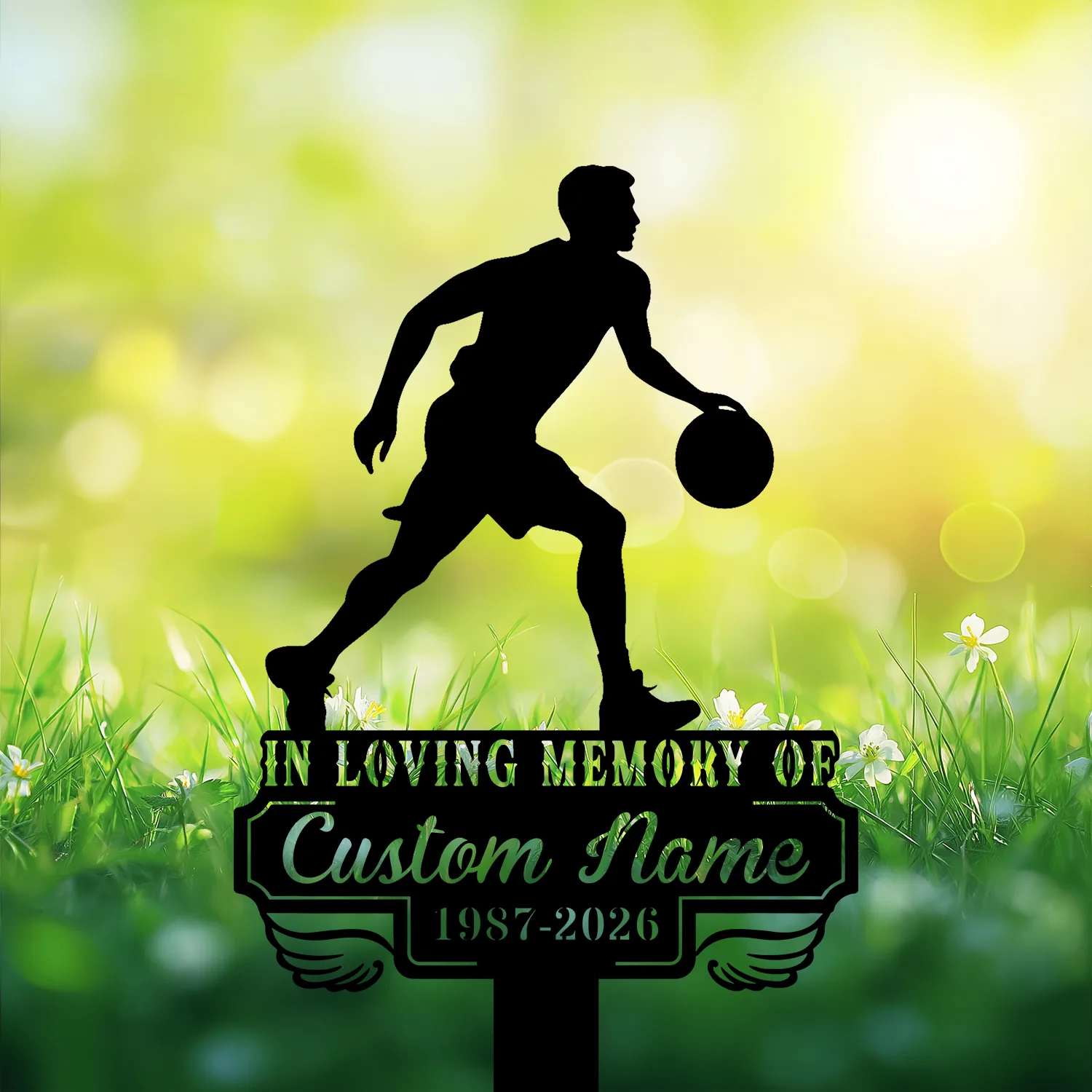 3-2 Silhouette of a basketball player dribbling above a memorial sign reading "IN LOVING MEMORY OF Custom Name 1987-2026" against a sunny grassy background with flowers
