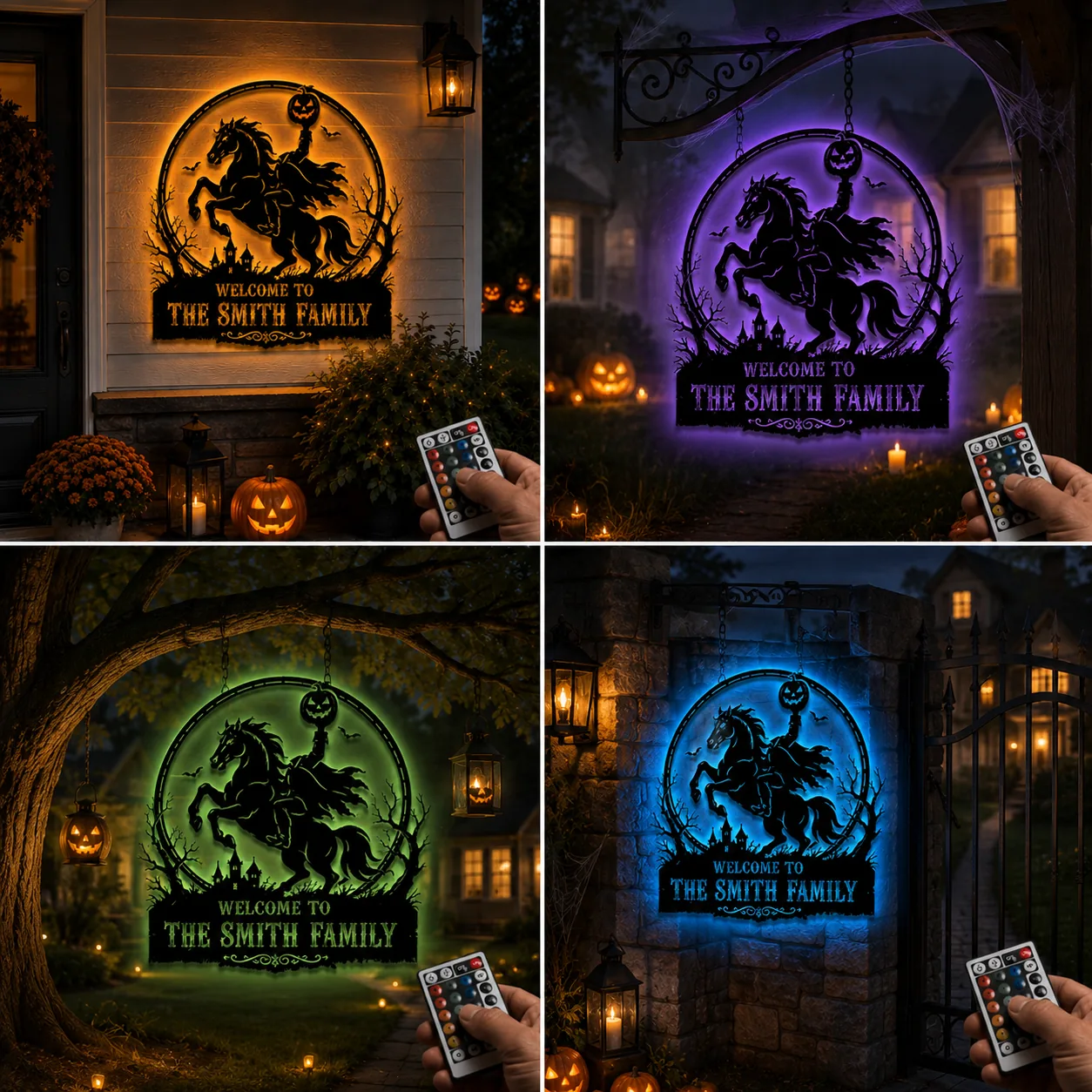 Four Halloween welcome signs reading “Welcome to The Smith Family” with a Headless Horseman silhouette lit in orange, purple, green, and blue on exterior walls, tree, and gate, a hand holding an LED remote in each scene
