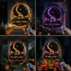 Halloween porch sign with raven on a skull, crescent moon and stars, personalized text "The Smith Family", lit among jack-o’-lanterns and cobwebs with an LED remote