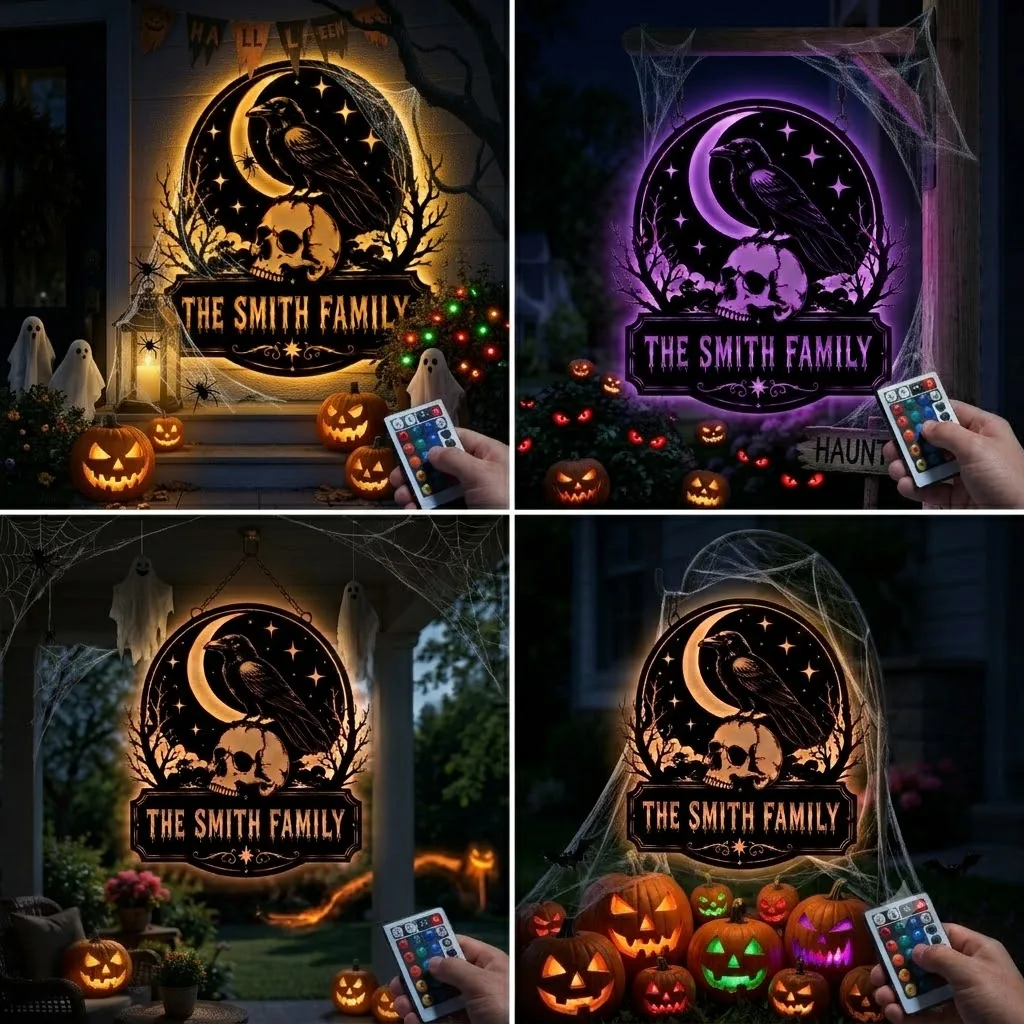 Halloween porch sign with raven on a skull, crescent moon and stars, personalized text "The Smith Family", lit among jack-o’-lanterns and cobwebs with an LED remote