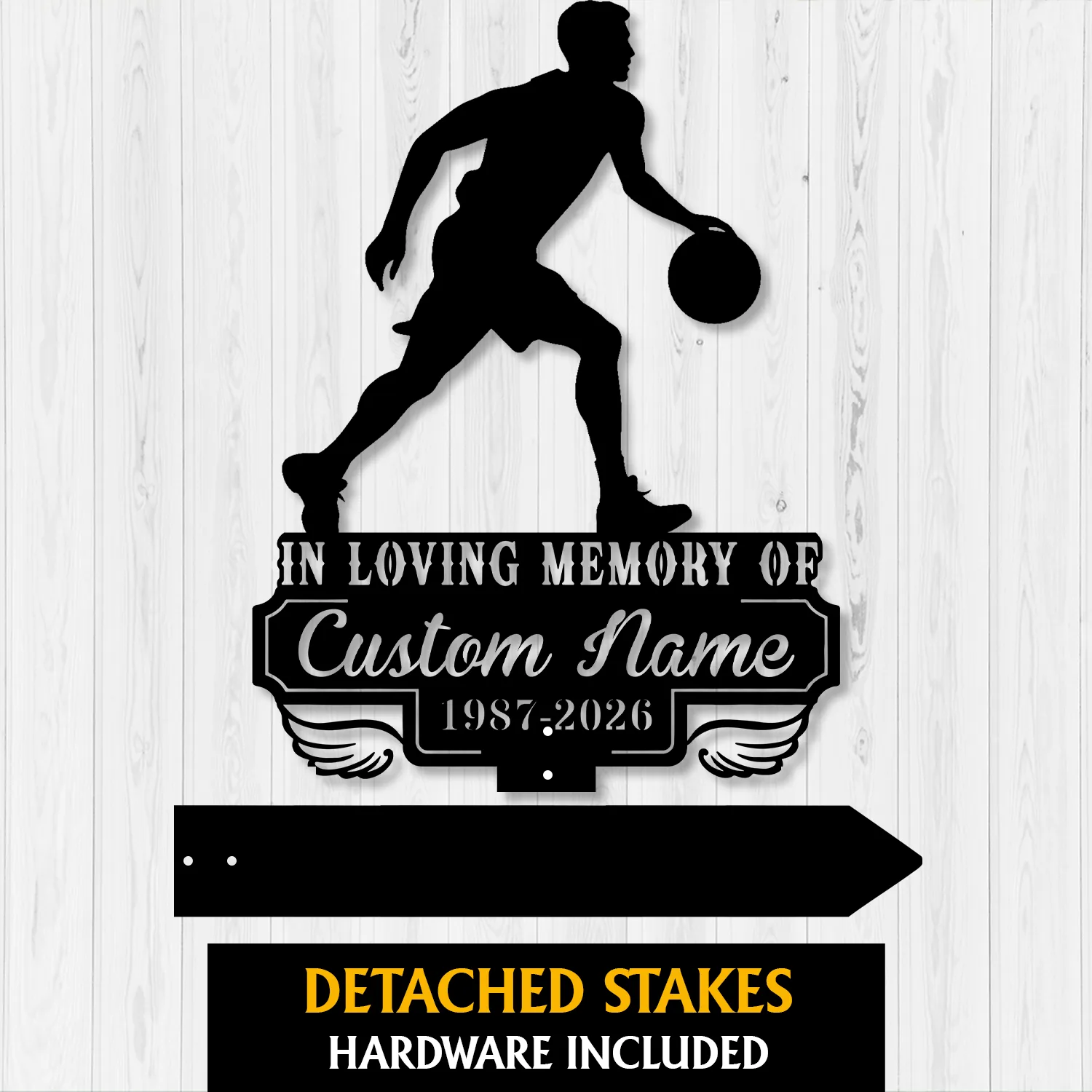 3a-1 Black silhouette of a basketball player dribbling above a memorial plaque reading "In Loving Memory of Custom Name 1987-2026" on a white wood background