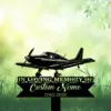 Black silhouette of a small single‑engine airplane above a memorial sign reading "IN LOVING MEMORY" and "Custom Name 1982-2026" against a soft green bokeh background with grass and leaves