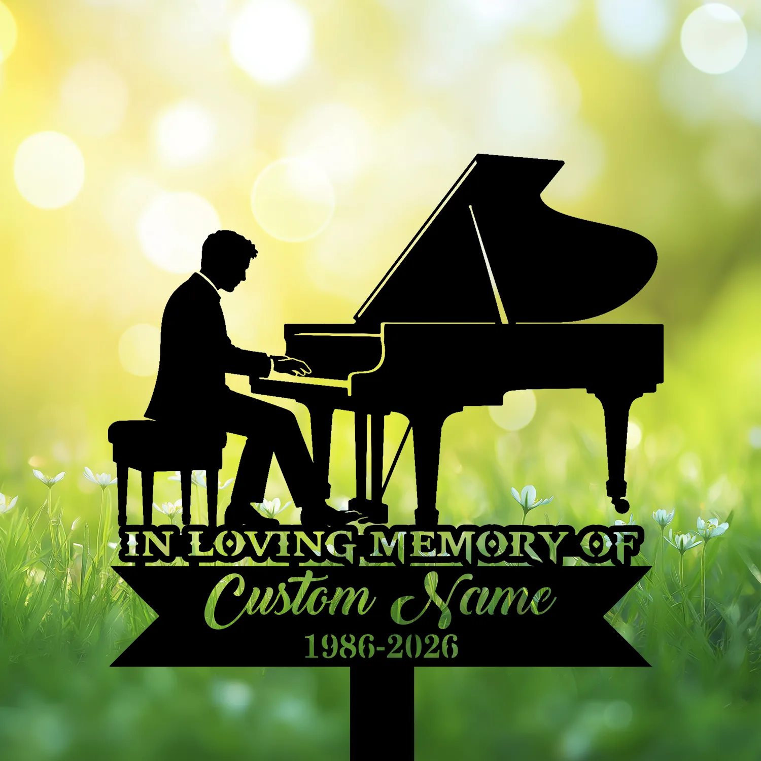 4-1 Silhouette of a man playing a grand piano over a green bokeh background with text reading "In Loving Memory of Custom Name 1986-2026"