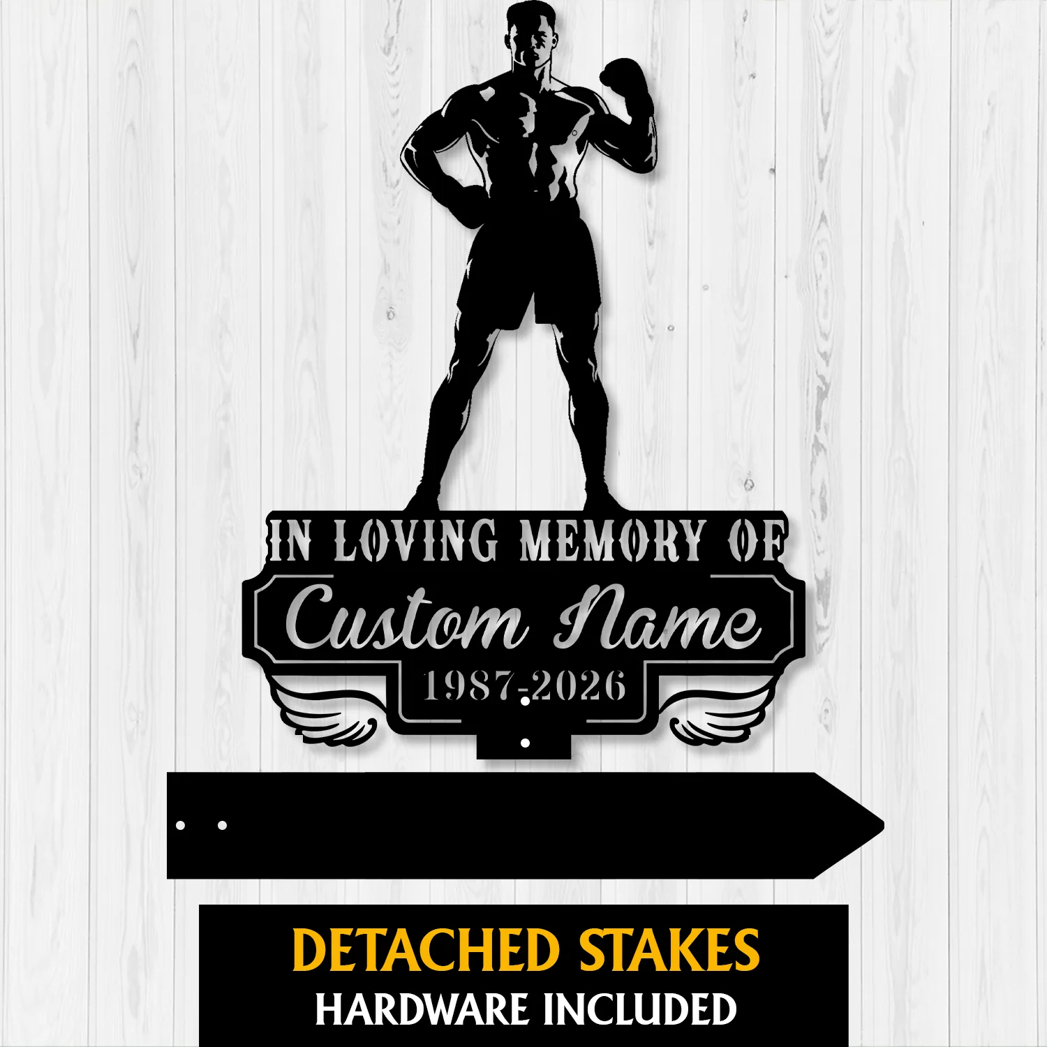 Black memorial sign silhouette of a muscular boxer above text reading "In Loving Memory of Custom Name 1987-2026" on a light wood plank background