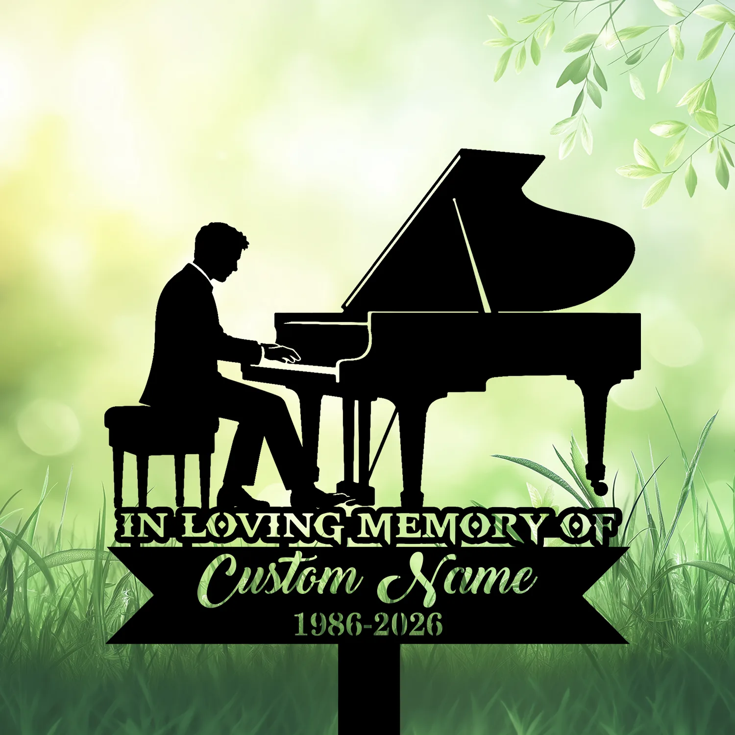 4b-1 Silhouette of a man playing a grand piano over a grassy, green bokeh background with text reading 'In Loving Memory of Custom Name 1986-2026'