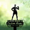 Black silhouette of a muscular boxer statue standing on a memorial plaque in grassy field with soft green bokeh background; plaque reads "In Loving Memory of Custom Name 1987-2026"