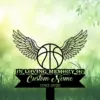 4b-3 Memorial sign with a basketball and angel wings above grass, text reads "In Loving Memory of" and placeholder "Custom Name" with years 1982-2026 on a soft green leafy background