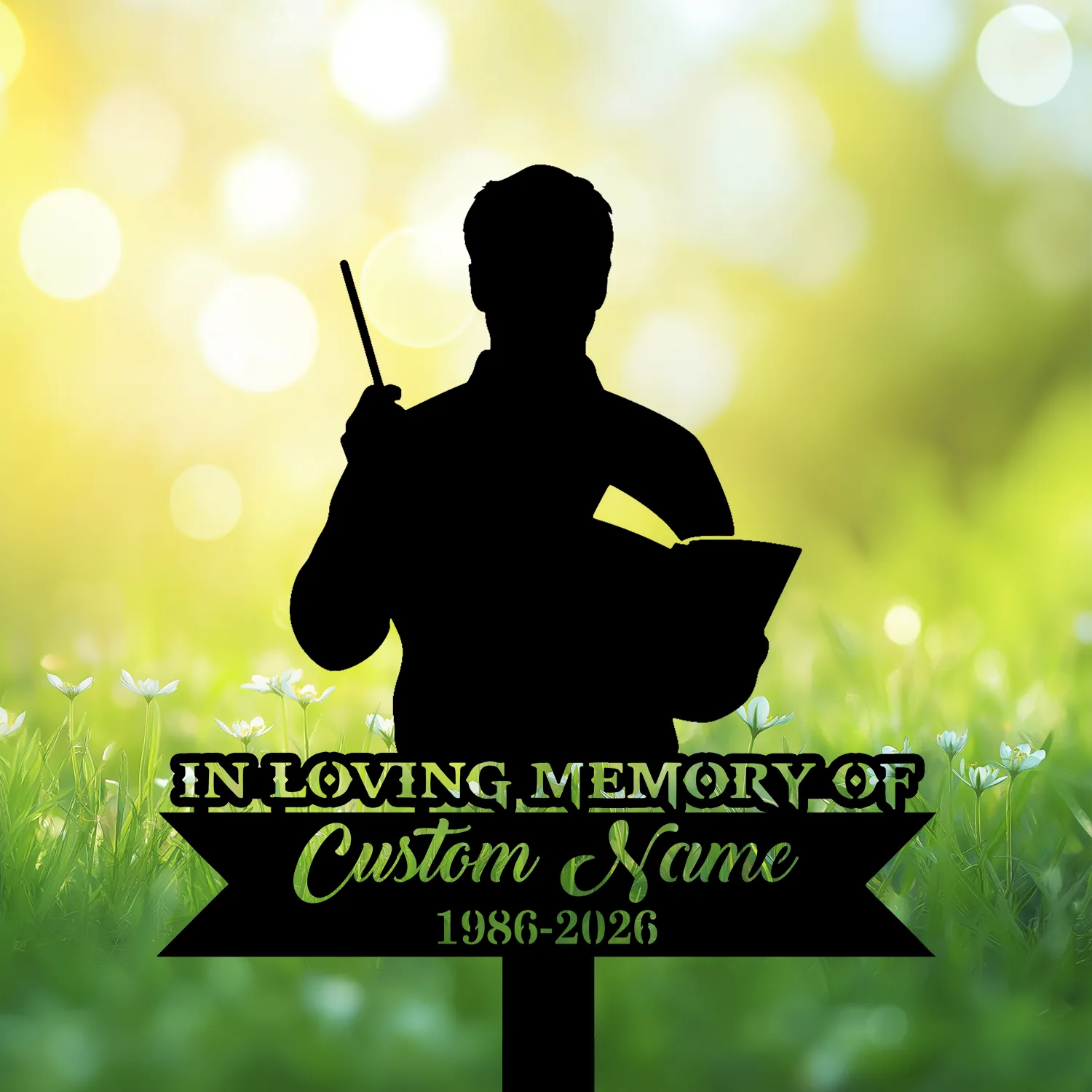 Silhouette memorial sign of a person holding a book and pointer over a sunlit grassy background with text "IN LOVING MEMORY OF Custom Name 1986-2026".