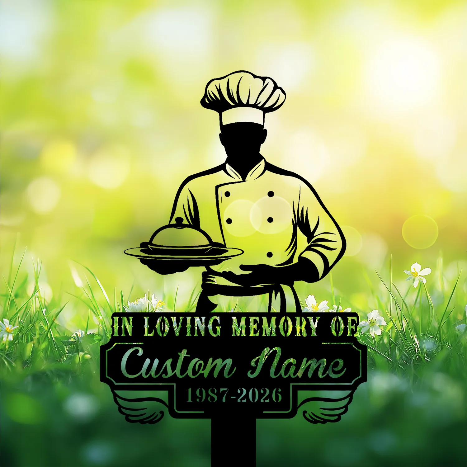 Silhouette of a chef holding a covered dish over grassy spring background with text plaque reading "In Loving Memory of Custom Name 1987-2026"