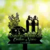 5-4 Black memorial sign silhouette with scuba tanks, diving mask, coral and sea plants reading "In Loving Memory" and placeholder "Custom Name 1982-2026" against a sunny grassy bokeh background