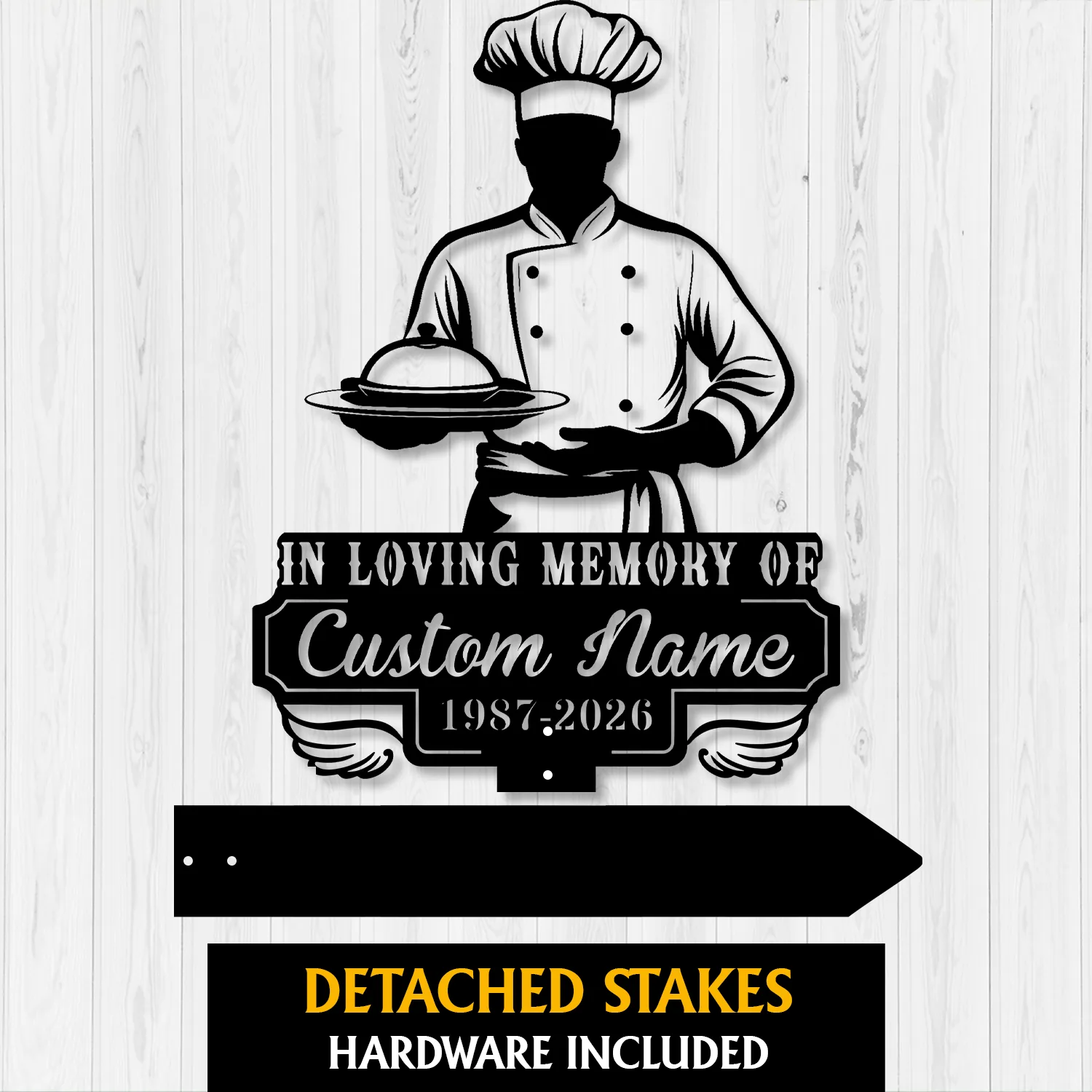 Black silhouette chef holding covered dish above a memorial plaque reading "In Loving Memory of Custom Name 1987-2026" on a white wood background