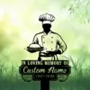 Silhouette of a chef holding a covered serving platter over a green grassy background with text plaque reading "In Loving Memory of Custom Name 1987-2026"