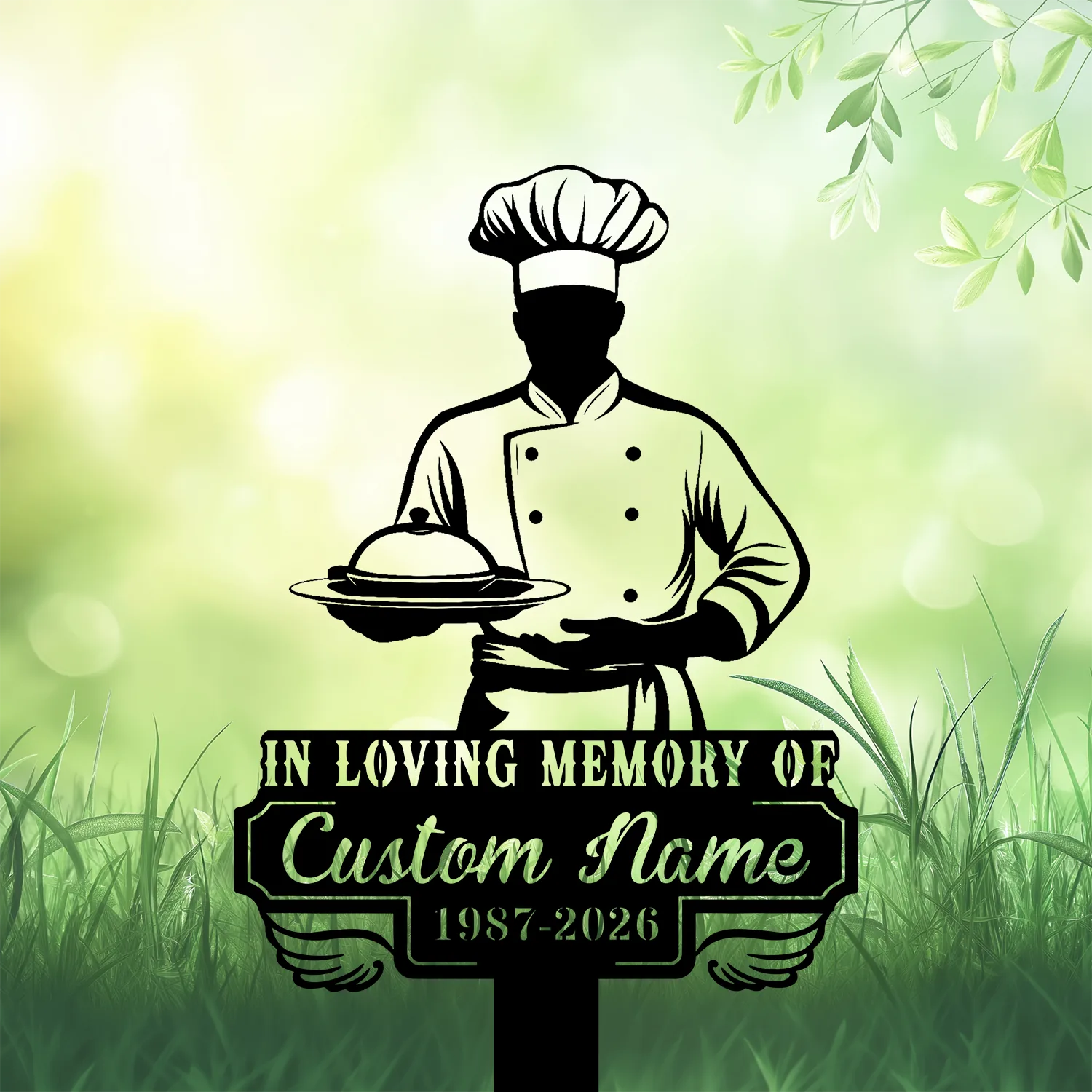 Silhouette of a chef holding a covered serving platter over a green grassy background with text plaque reading "In Loving Memory of Custom Name 1987-2026"
