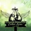5b-3 Black vintage boxing gloves with angel wings hanging from a ribbon above grass, framed by green bokeh background and text reading "IN LOVING MEMORY" and placeholder "Custom Name 1982-2026"