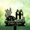 5b-4 Memorial sign with scuba gear silhouette — diving mask, coral, twin air tanks and text reading “In Loving Memory of Custom Name 1982–2026” on a grassy green background