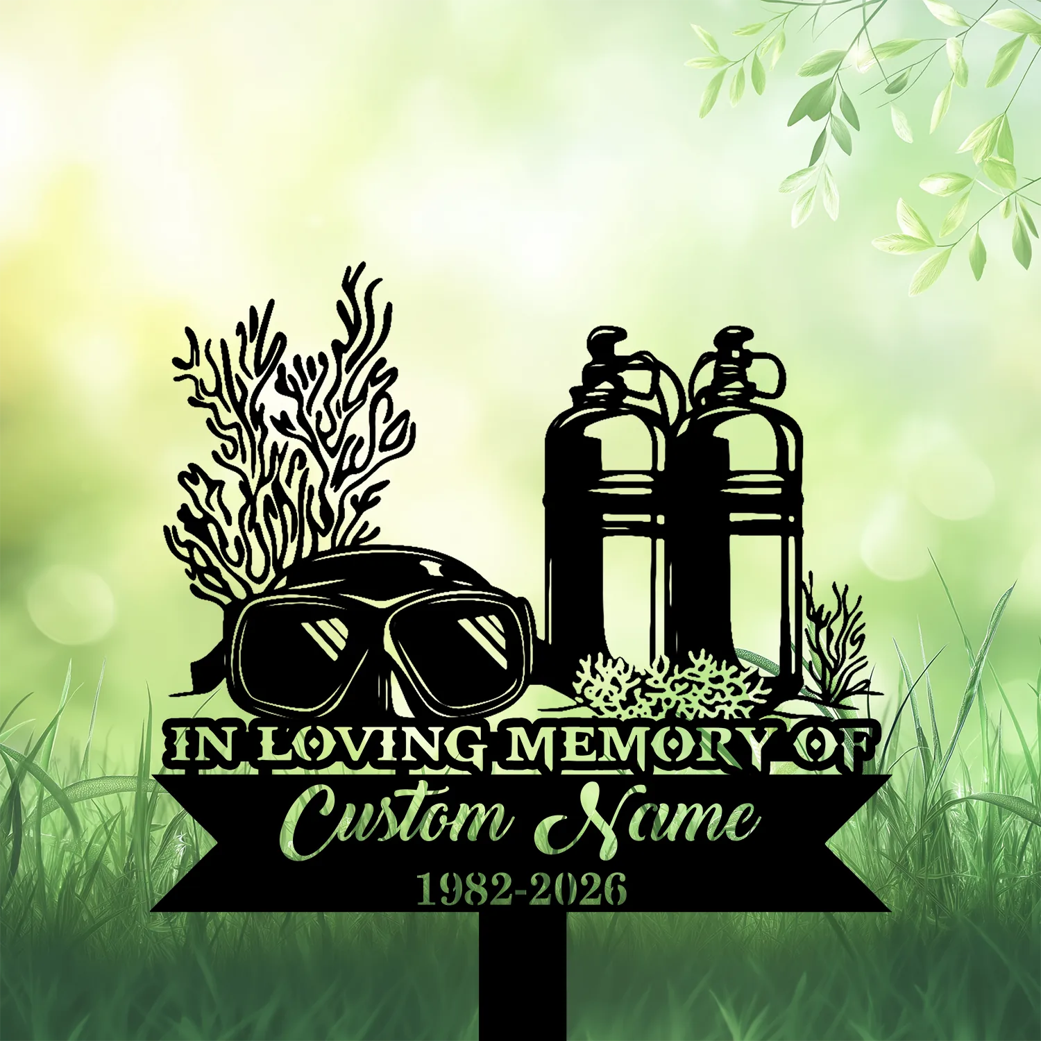 5b-4 Memorial sign with scuba gear silhouette — diving mask, coral, twin air tanks and text reading “In Loving Memory of Custom Name 1982–2026” on a grassy green background