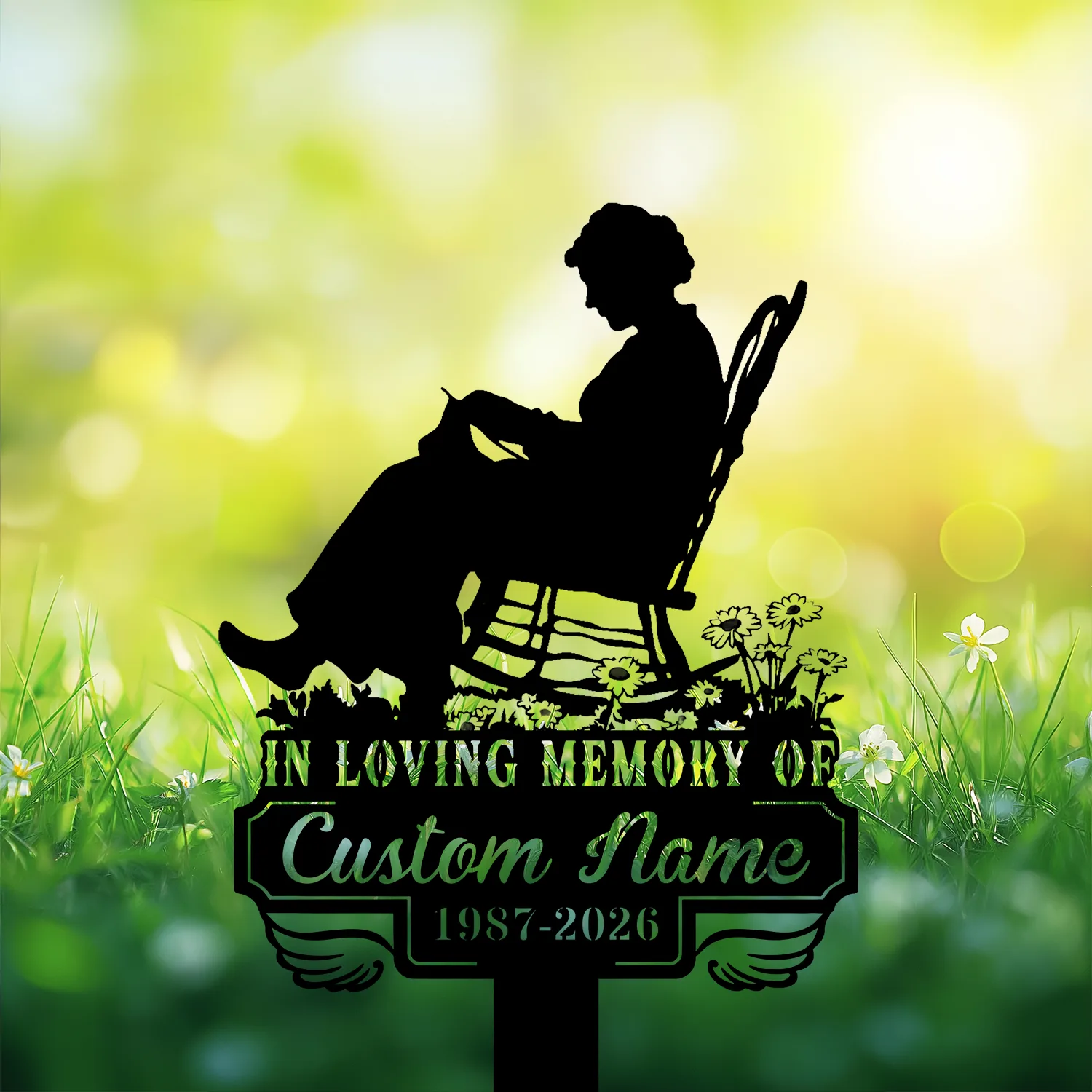 6-2 Black silhouette garden memorial sign of an elderly woman knitting in a rocking chair with flowers, text reading "In Loving Memory of Custom Name 1987-2026" against a sunlit green bokeh background