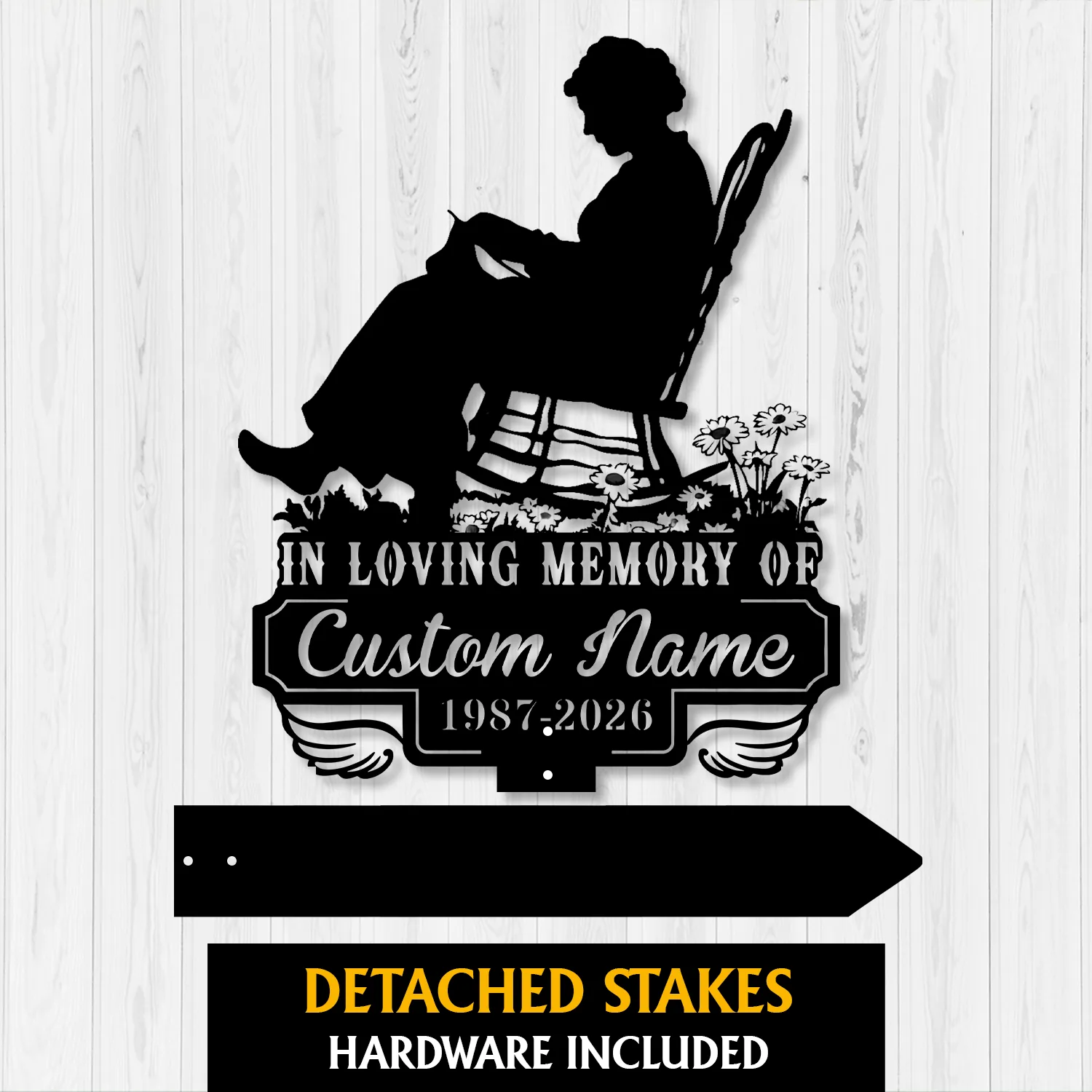 6a-2 Black silhouette memorial sign of a woman reading in a rocking chair with daisies, text reading "In Loving Memory of Custom Name 1987-2026" on a white wood background
