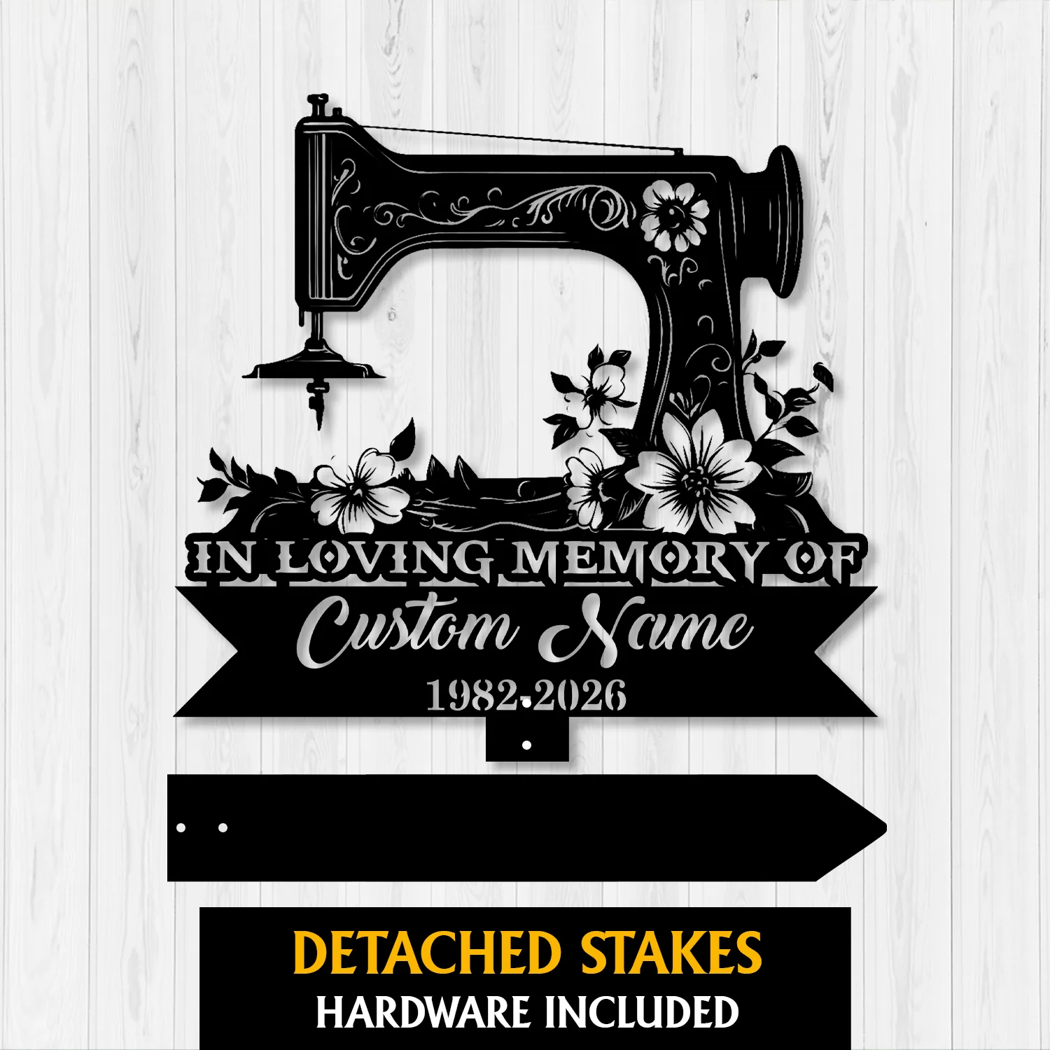 Black decorative wall sign shaped like a vintage sewing machine with flowers reading "In Loving Memory of Custom Name 1982-2026" on a light wood background