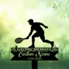 Silhouette of a tennis player with racket over a memorial sign reading “IN LOVING MEMORY” and space for custom name and years, grassy green background