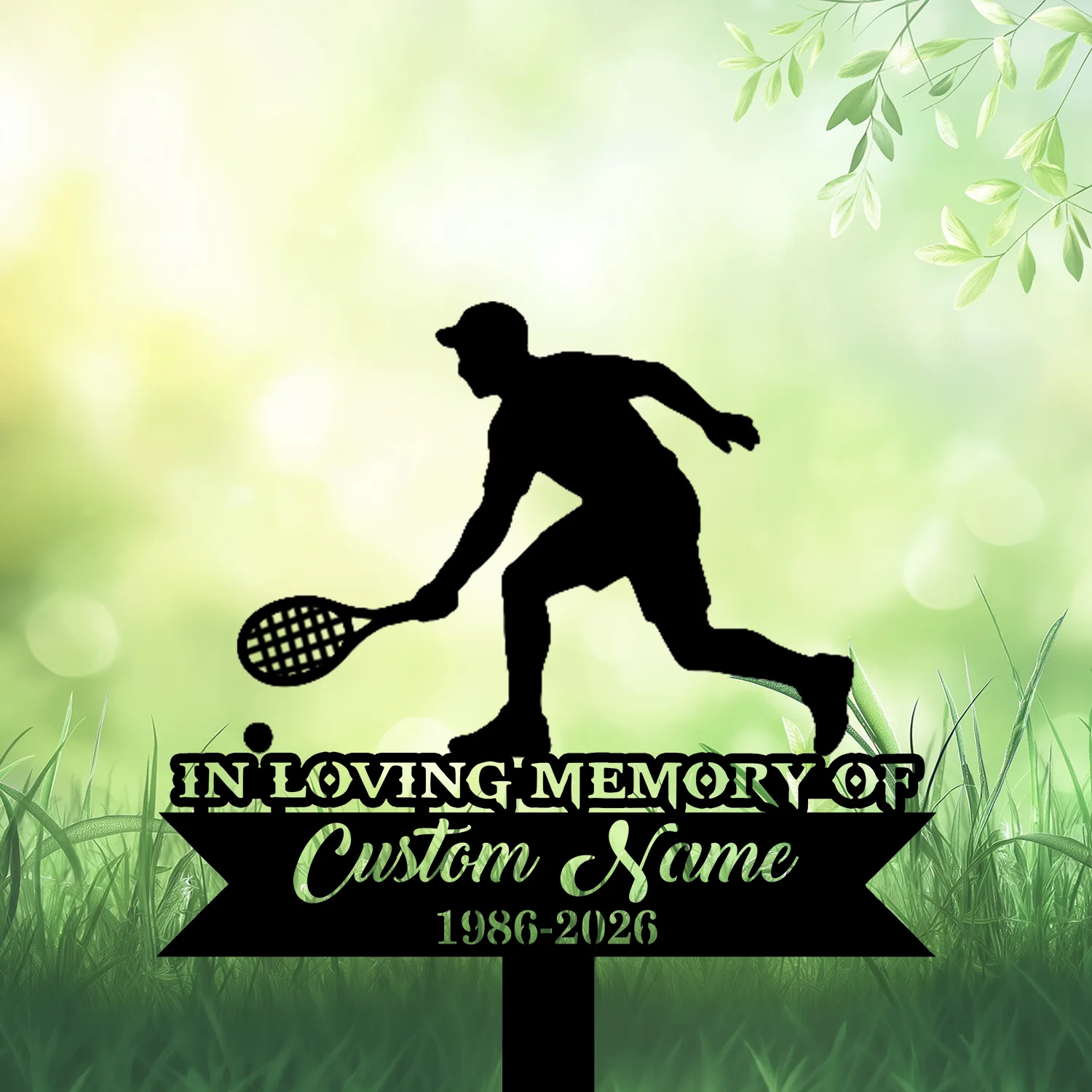 Silhouette of a tennis player with racket over a memorial sign reading “IN LOVING MEMORY” and space for custom name and years, grassy green background