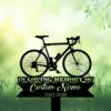 6b-3 Black silhouette of a road bicycle above a memorial sign reading "In Loving Memory" with placeholder "Custom Name" and dates 1982-2026, set against a soft green grassy background