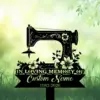 Black silhouette of a vintage sewing machine with floral decorations on a green bokeh background, text reading "In Loving Memory Of Custom Name 1982-2026"