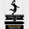 7a-1 Black silhouette of a volleyball player spiking a ball above a ribbon sign reading "IN LOVING MEMORY OF" and placeholder "Custom Name 1986-2026" on a white wooden background