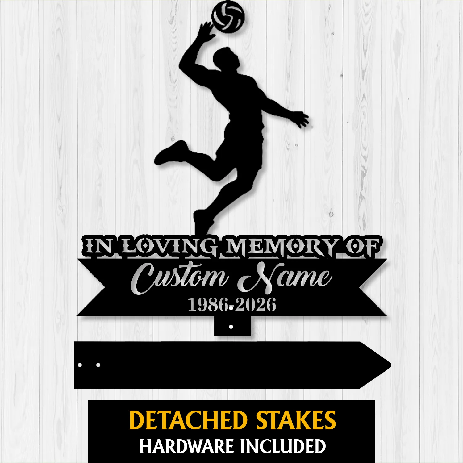 7a-1 Black silhouette of a volleyball player spiking a ball above a ribbon sign reading "IN LOVING MEMORY OF" and placeholder "Custom Name 1986-2026" on a white wooden background